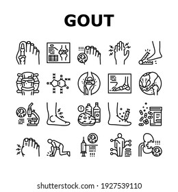 Gout Health Disease Collection Icons Set Vector. Ridge And Articular Cartilage Gout, X-ray Radiograph And Syringe For Treatment Health Problem Black Contour Illustrations