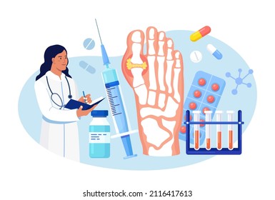 Gout Treatment. Arthritis Joint In The Ankle. Doctor Diagnoses Swollen And Inflamed Foot Joint. Physician Examination Human Feet Bone With Uric Acid Crystals. Medical Appointment And Exam