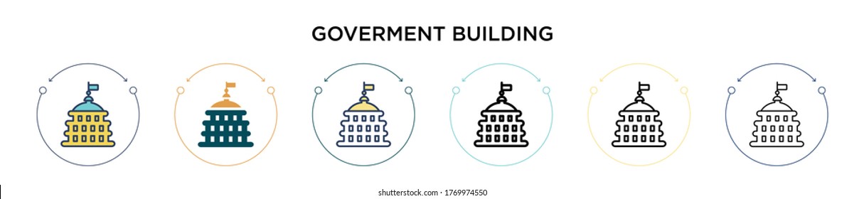 Goverment building icon in filled, thin line, outline and stroke style. Vector illustration of two colored and black goverment building vector icons designs can be used for mobile, ui, web