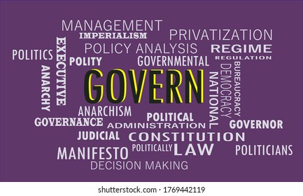 Govern word highlighted in black and yellow color with related terminology vector abstract on dark purple background. 