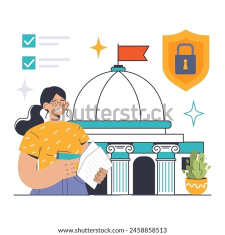 Governance in Action concept. Young professional outside institution, prioritizing security and policies. Structured decision-making, protecting data. Transparent processes. Flat vector illustration