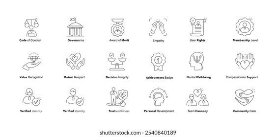 Governance and Community Care Icons – Values, Achievement, and Support. Human Values and Ethical Principles Icons for Governance. Achievement, Decision Integrity and Compassion Icons.