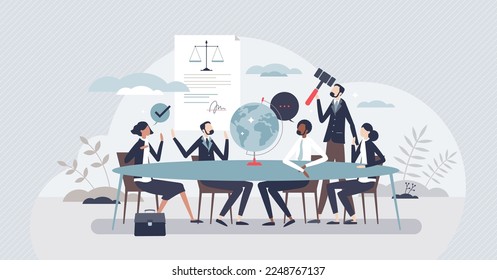 Governance and global legal document agreement talk tiny person concept. Justice and honesty in democratic discussion and negotiations vector illustration. Federal institution for law management.