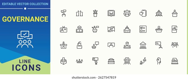 Governance icon set. Contain linear symbols voting, democracy, politics, campaign, government and more. Political simple icon set. Icons for UI design. Editable stroke. Pixel Perfect.