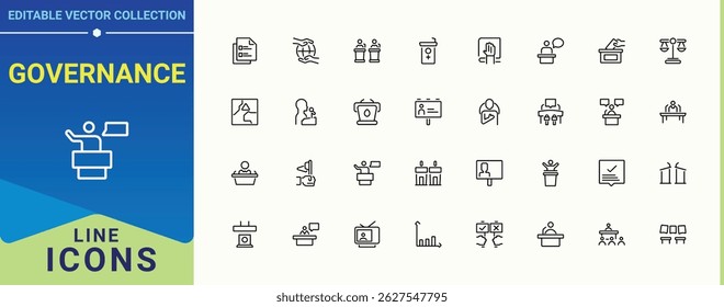 Governance icon set. Contains such icons as government, diplomacy, voting, democracy, democrat, campaign and more. Political icon set. Thin web icons. Editable vector.