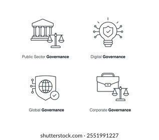 Conjunto de iconos de gobernanza: Visualización de la gobernanza pública, digital, global y Corporativa