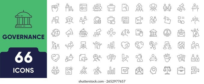 Governance Line Icon Set. Set of 66 outline icons including government, policy, leadership, regulation, compliance, administration, and management. Editable stroke. Linear vector illustration.