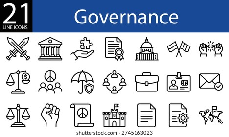 Governance line icon set in outline style, justice, government, security, diplomacy, and leadership