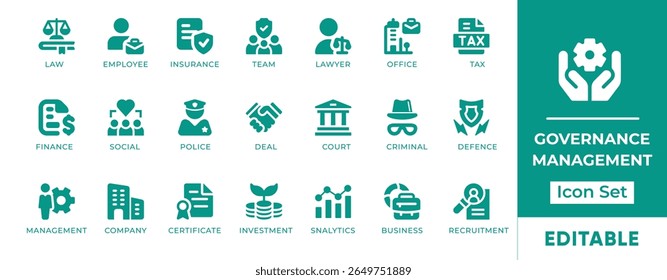 Governance Management Icon Set. Features icons of policy, leadership, compliance, structure, rules, and strategy. Perfect for corporate, legal, and organizational use.