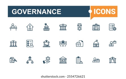 Governance thin line icon set. Contains such icons as ar, corporate, financial, government, eco, legal, law, diplomat. Pixel perfect. Vector line and solid icons.