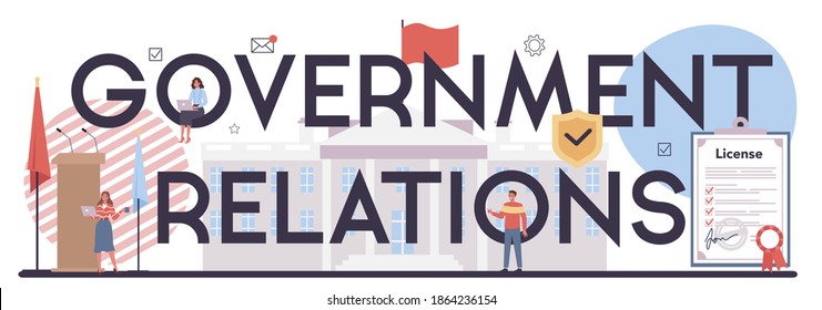 Governement relations typographic header. Idea of financial support. Governement investing money in start up project. Brand presentation and business profit plan. Vector flat illustration