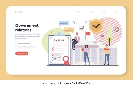 Governement relations web banner or landing page. Idea of financial support. Governement investing money in start up project. Brand presentation and business profit plan. Vector flat illustration