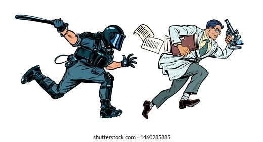 The Government Is Against Science. Riot Police With A Baton. Pop Art Retro Vector Illustration Drawing