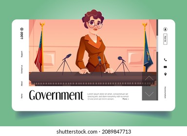 Government banner with woman politician on podium with microphones and flag of USA. Vector landing page with cartoon illustration of female politics speaker on press conference