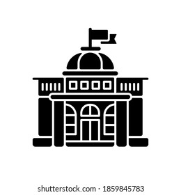 Government black glyph icon. Authorities. Political power. Legislature, executive and judiciary. Governmental organizations. Silhouette symbol on white space. Vector isolated illustration