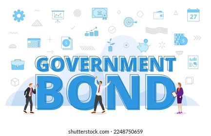 government bond concept with big words and people surrounded by related icon with blue color style