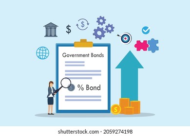Government bonds vector concept. Businesswoman using a magnifier to looking at government bonds form while standing with growth finance graph