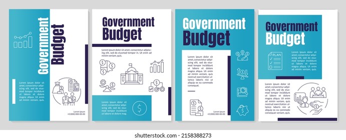 Government budget blue brochure template. Financial plan for country. Leaflet design with linear icons. 4 vector layouts for presentation, annual reports. Anton, Lato-Regular fonts used