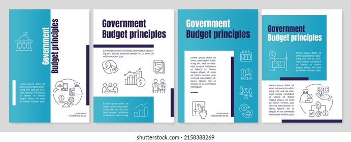 Government budget principles blue brochure template. Finance allocation. Leaflet design with linear icons. 4 vector layouts for presentation, annual reports. Anton, Lato-Regular fonts used