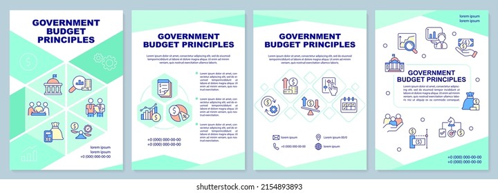 Government budget principles brochure template. Finance allocation. Leaflet design with linear icons. 4 vector layouts for presentation, annual reports. Arial-Black, Myriad Pro-Regular fonts used