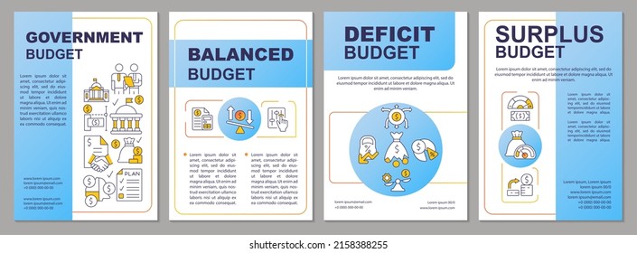 Government Budget Types Blue Brochure Template. National Budgeting. Leaflet Design With Linear Icons. 4 Vector Layouts For Presentation, Annual Reports. Arial-Black, Myriad Pro-Regular Fonts Used