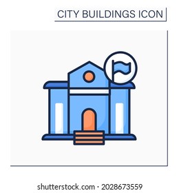 Government building color icon. Classical architecture public office building with flag. Concept for city police station and public offices. Isolated vector illustration