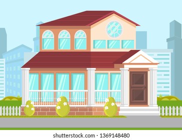 Government Building Facade Vector Illustration. Courthouse Downtown Location. Public Library, Museum with Pillars, Columns. Classical Architecture Tourism Landmark. Luxury Dwelling Place