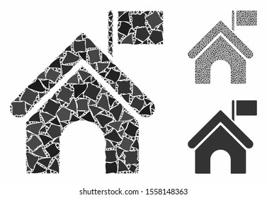 Government building with flag composition of humpy pieces in various sizes and color tinges, based on government building with flag icon. Vector rugged pieces are composed into collage.