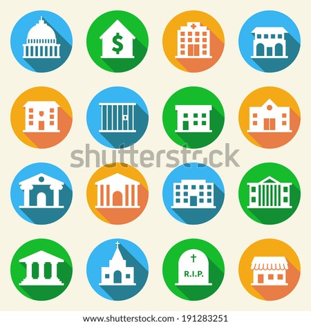 Government building flat icons set of police  museum library theater isolated vector illustration