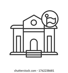 Government building icon Classical architecture public office building with linear flag pictogram. Concept for city police station and public offices. Editable stroke vector illustration for maps