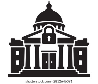 Government building icon with dome and columns. Minimalist capitol architecture vector illustration for official use.