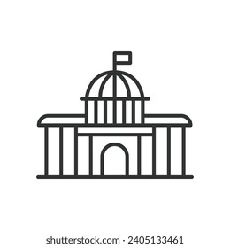 Government building icon line design. Capitol, architecture, city hall, municipal building, courthouse, authority, government center vector illustration. Government building editable stroke icon.