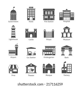 Government Building Icons Black Set Of Hotel Fire Station Hospital Isolated Vector Illustration