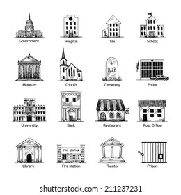 Government building icons set in hand draw style post cemetery museum school church theater isolated vector illustration