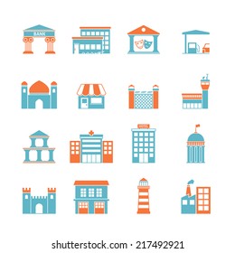 Government building icons set of kindergarten shop factory isolated vector illustration