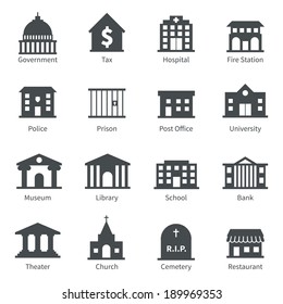 Government building icons set police  museum library theater isolated vector illustration