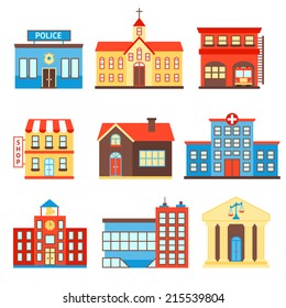 Government building icons set police shop church isolated vector illustration