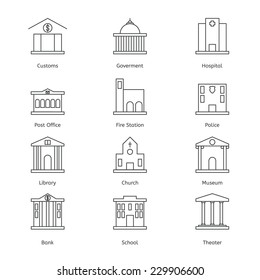 Government building icons set of police museum library theater isolated flat design vector illustration