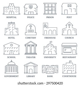 Government building icons set of police  museum library theater isolated vector illustration