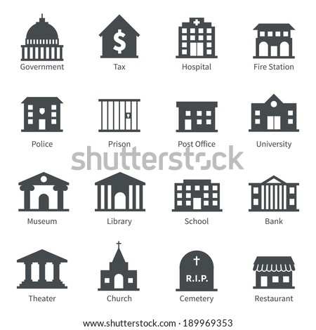 Government building icons set of police  museum library theater isolated vector illustration