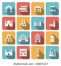 Government building icons set of shop castle lighthouse isolated vector illustration