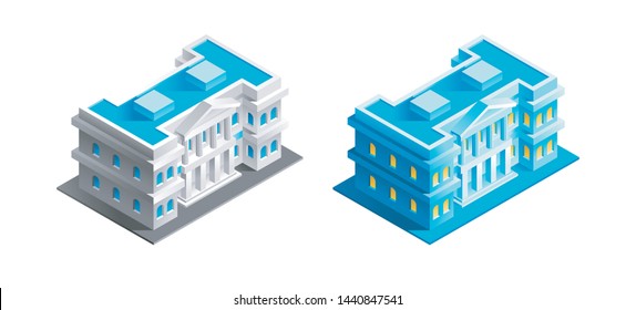 Regierungsgebäude. Isometrische Sicht nach außen eines urbanen Gebäudes, dargestellt in verschiedenen Farbvarianten.