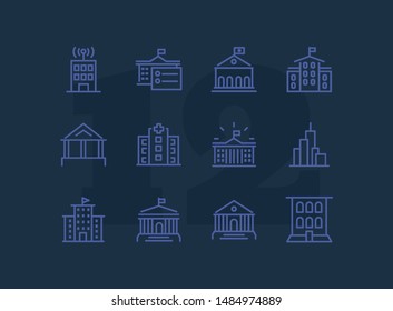 Government building line icon set. School, courthouse, hospital. Architecture concept. Can be used for topics like city, office, headquarter