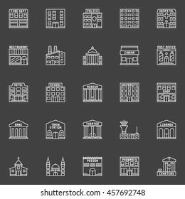 Government building linear icons - vector collection of cinema, university, museum, prison, church and other buildings outline white symbols on dark background