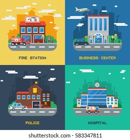 Government buildings 2x2 flat design concept set of fire station business center police and hospital vector illustration