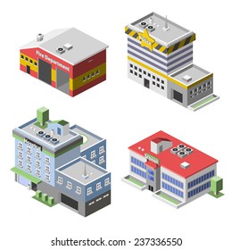 Government buildings 3d isometric set with fire department police hospital school isolated vector illustration