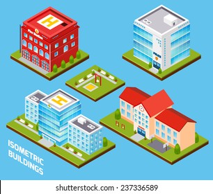 Government Buildings 3d Isometric Set With Fire Station Police Hospital School Isolated Vector Illustration