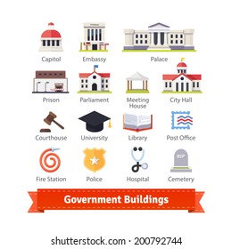 Government Buildings Colourful Flat Icon Set. For Use With Maps And Internet Services Interfaces. EPS 10 Vector.