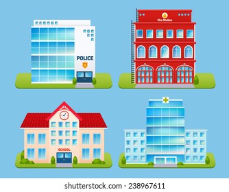Government Buildings Emblems Set With Police Office Fire Station School Hospital Isolated Vector Illustration