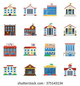 Government buildings flat color icon set of theatre restaurant hospital museum isolated vector illustration 